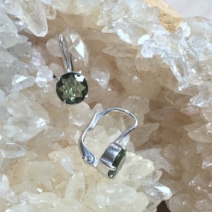 Miranda! 6.5mm Faceted Round Genuine Moldavite and Sterling Silver Drop Earrings (D65)