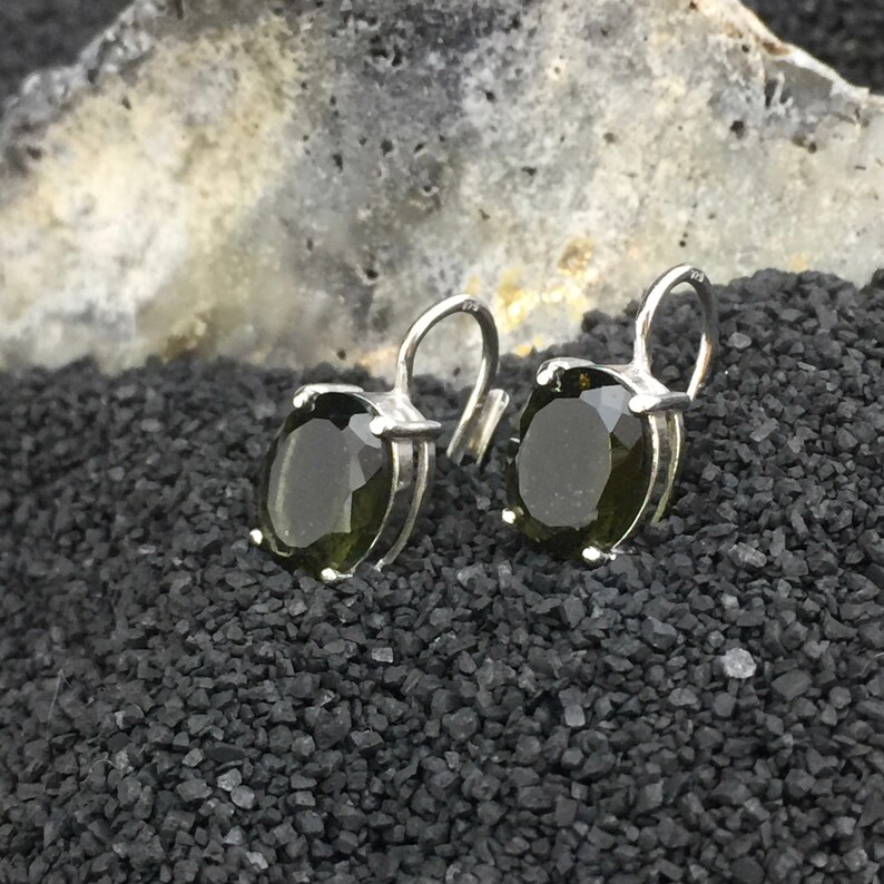 Rhodium or Multi-Faced Sterling Marvelous Miranda Faceted Moldavite Earrings 8x10