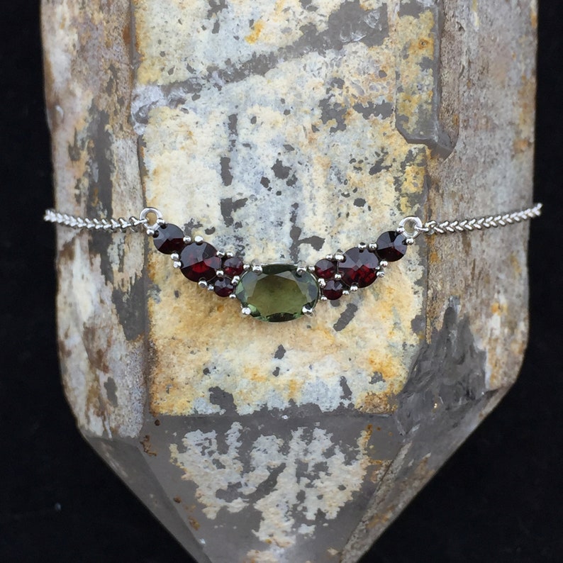 8-3 Genuine Czech Faceted Moldavite and Garnet Sterling Silver Rhodium Plated Necklace Czech Candy :