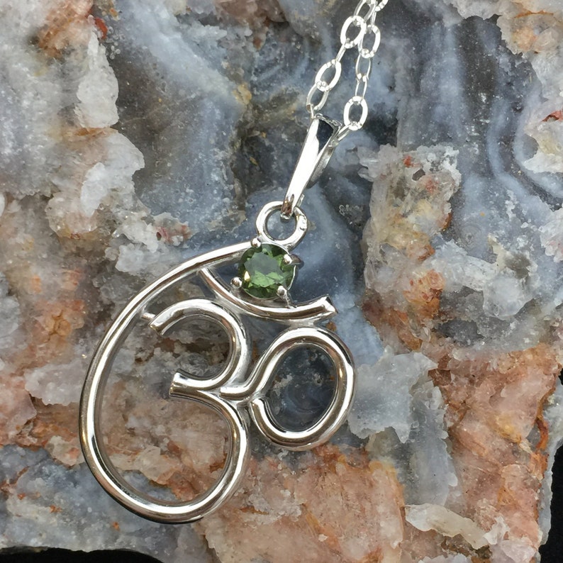 Om Symbol 5mm Round Faceted Genuine Moldavite and Sterling Silver Rhodium Plated Pendant
