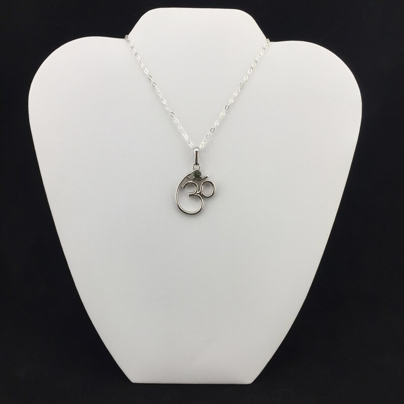 Om Symbol 5mm Round Faceted Genuine Moldavite and Sterling Silver Rhodium Plated Pendant