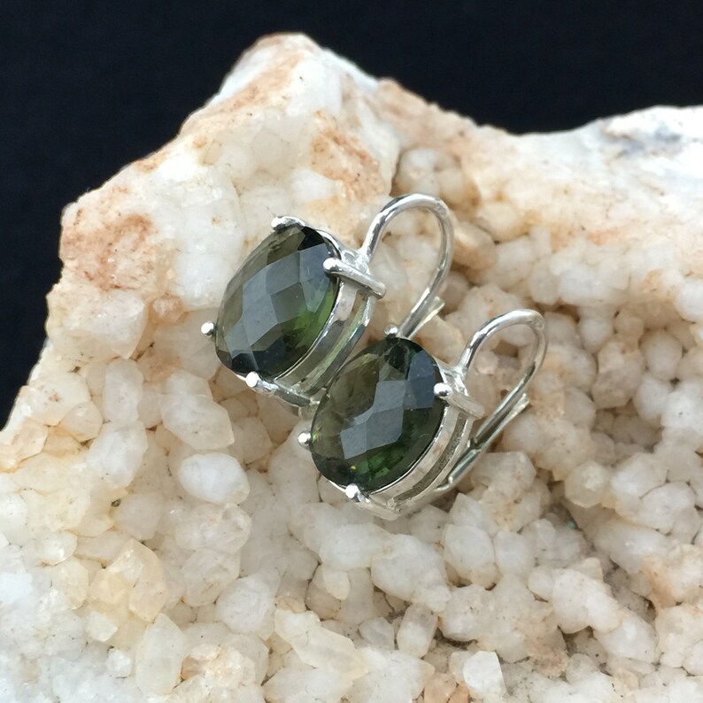 Rhodium or Multi-Faced Sterling Marvelous Miranda Faceted Moldavite Earrings 8x10