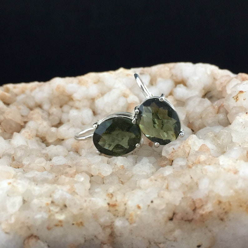 Rhodium or Multi-Faced Sterling Marvelous Miranda Faceted Moldavite Earrings 8x10