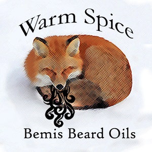 May include: Illustration of a sleeping fox in shades of orange and brown, with the text "Warm Spice" above and "Bemis Beard Oils" below. The fox has a stylized beard design. The background is white.