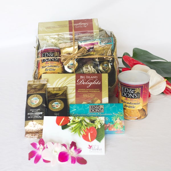 Hawaiian Gift Basket "Aloha Hawaiian" - Hawaiian Gift Foods Lauhala Basket Macadamia Nuts Kona Coffee Chocolate Chip Cookies Hawaiian Snacks