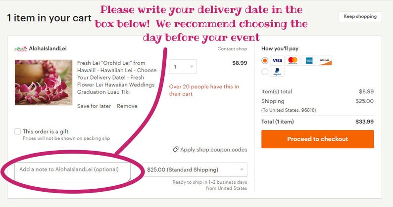 May include: A screenshot of an Etsy shop checkout page for a fresh orchid lei. The lei is pictured in the top left corner of the image. The text "Fresh Lei "Orchid Lei" from Hawaii! - Hawaiian Lei - Choose Your Delivery Date! - Fresh Flower Lei Hawaiian Weddings Graduation Luau Tiki" is visible in the image. The text "Add a note to AlohalslandLei (optional)" is visible in a white box with a gray border. The text "$25.00 (Standard Shipping)" is visible in the image. The text "Ready to ship in 1-2 business days from United States" is visible in the image.