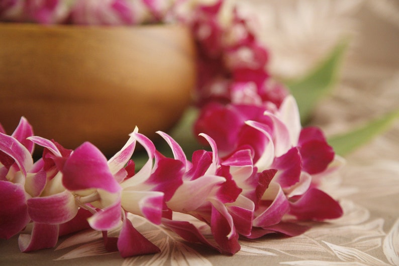 May include: A pink and white flower lei made of orchids. The lei is draped over a wooden bowl.