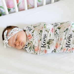 Floral Name Blanket - Girl Stretchy Swaddle Blanket - Blanket with Name - Personalized Girl Blanket - Monogram Girl Blanket - Baby Girl