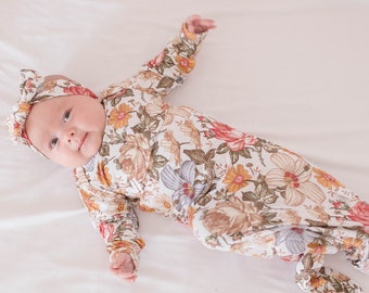Baby Floral Gown - Coming Home Outfit - Baby Gown - Baby Knotted Gown - Hospital Outfit - Flower Gown - Girl Gown - Baby Shower Gift -Baby