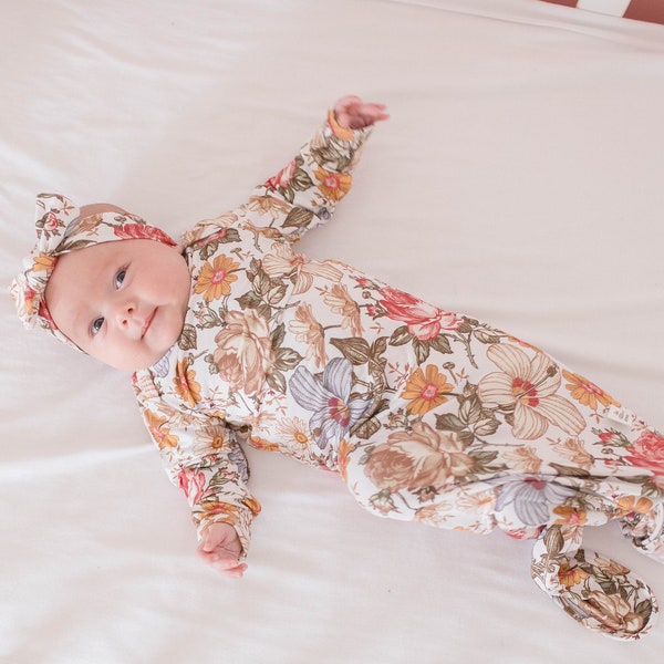 Baby Floral Gown - Coming Home Outfit - Baby Gown - Baby Knotted Gown - Hospital Outfit - Flower Gown - Girl Gown - Baby Shower Gift -Baby