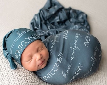 Baby Boy Swaddle and Hat - Baby Personalized Swaddle Blanket - Newborn Name Blanket - Stretchy Blanket with Name - Jersey Baby Blanket - Boy