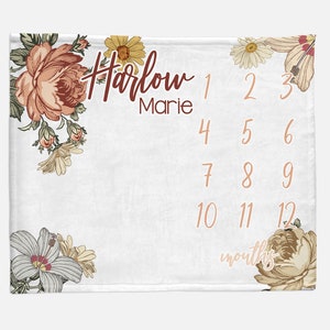 Month Blanket - Milestone Blanket - Monthly Baby Blanket - Girl Month Blanket - Vintage Floral Blanket - Personalized Baby Blanket