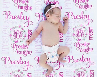Baby Girl Blanket- Personalized Baby Blanket - Monogram Baby Blanket - Swaddle Receiving Blanket - Baby Shower Gift - Custom Blanket