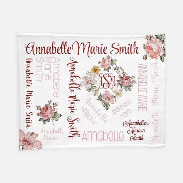 Floral Baby Girl Blanket - Personalized Girl Blanket - Monogram Girl Blanket - Floral Baby Blanket -  Baby Girl Name Blanket - Name Blanket