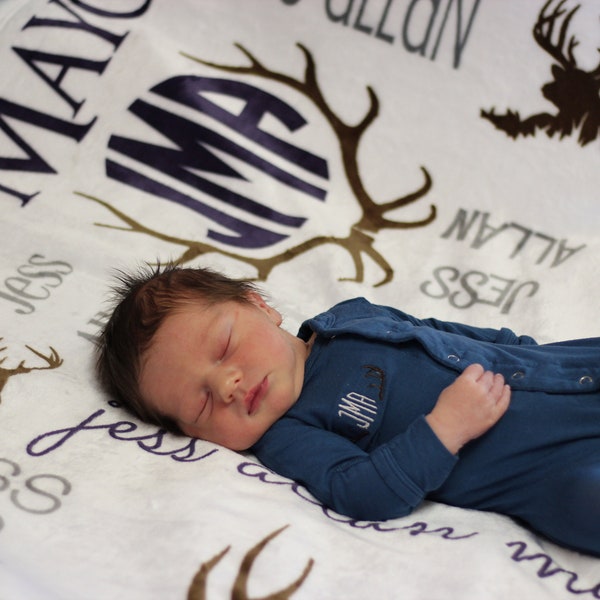 Deer Blanket - Personalized Baby Blanket - Antler Blanket - Monogram Swaddle Blanket - Monogrammed Name - Baby Shower Gift