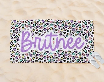 Personalized Leopard Beach Towel - Beach Towel - Kid Name Bath Towel - Personalized Towel - Kid Towel - Pool - Name Towel - Leopard Towel