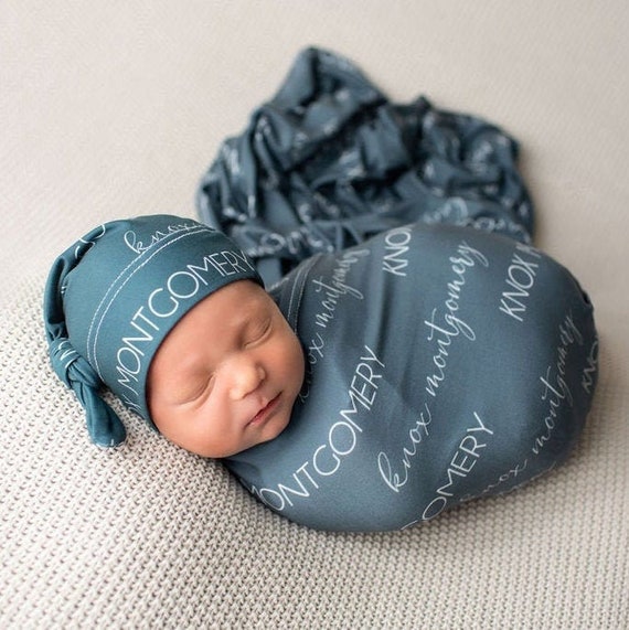 Stretchy Blanket with Name Baby Personalized Swaddle Blanket Newborn Name Blanket Boy Baby Boy Swaddle and Hat Jersey Baby Blanket