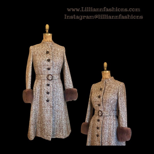 Vintage 60s 70s Women's Coat Mohair Wool Knitted Couture Made in Paris France Belt Fit Flare Princess Trim