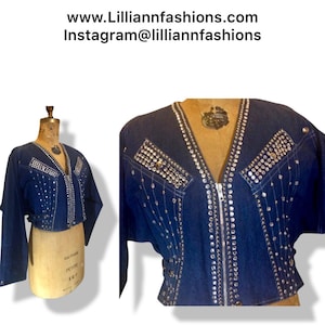 Denim Jean Jeweled Crystal Jacket Bomber Coat Made in Paris Short Jacket S/M