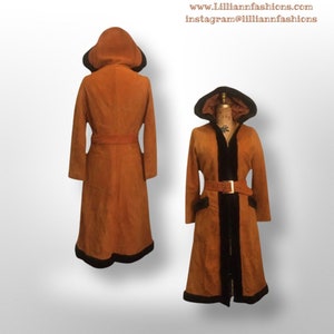 70s Vintage Coat Suede Shearling Hooded Fit Flare Boho Long Princess Belted Modern Rare Size Penny Lane