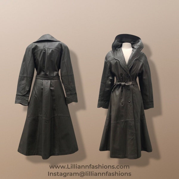 Italian Leather Coat Full Length Scalloped Collar Fit Flare Princess Belted Tuscan Trench Spy Couture Fall Winter Quilted Lining