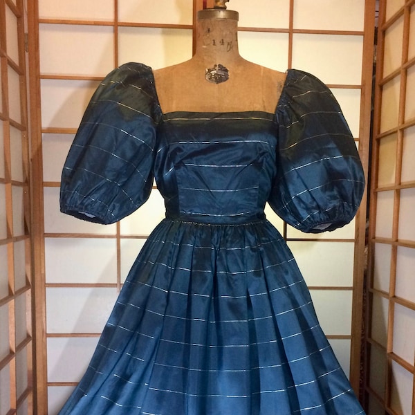 1940s 40s Vtg Silk Teal Dark Blue Pure Silk Fit and Flare Extreme Puff Sleeve Dress On/off Shoulder XS/S US size 0/2