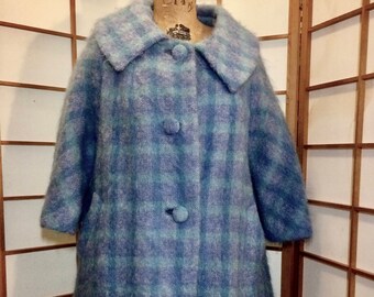 Lilli Ann Pendleton Plaid Blue/Purple/Mohair and Wool Swing Coat Vintage 50's 60's
