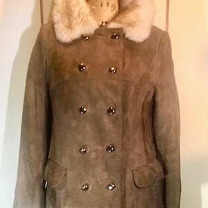 70s Suede and Sheepskin Shearling Double Breasted Long Coat Military Hippy Penny Lane Almost Famous Made in Finland S/M