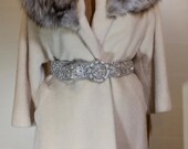 Lilli Ann 50s 60s Norwegian Fox Fur Collar Wool Swing Coat Cream White Free Size Beaded Belt S M L