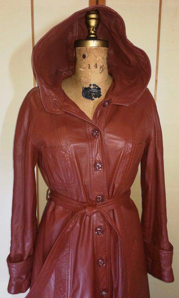 70s Hooded Reddish Brown Tan Leather Trench Duster