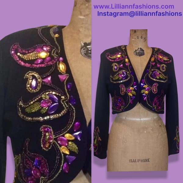 Vintage 80s Jeweled Bolero Shrug Embroidered   Purple Pink Gold Black  Glam Prom Cocktails Christmas Holidays New Year