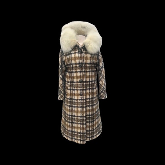 60’s Vintage Coat Wool Fox Fur Green Yellow Beige… - image 2