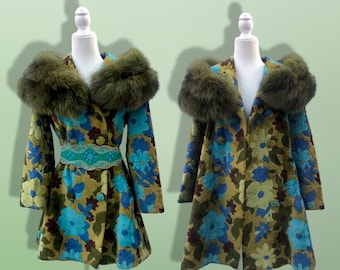 60’s 70’s Tapestry Carpet Coat Blue Turquoise Green Beaded Belt  Collar