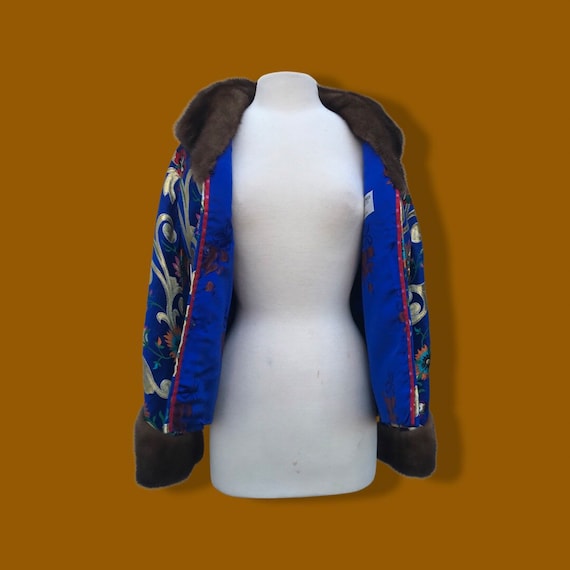 2000’s Brocade Silk Mahogany Mink Jacket Royal Bl… - image 6