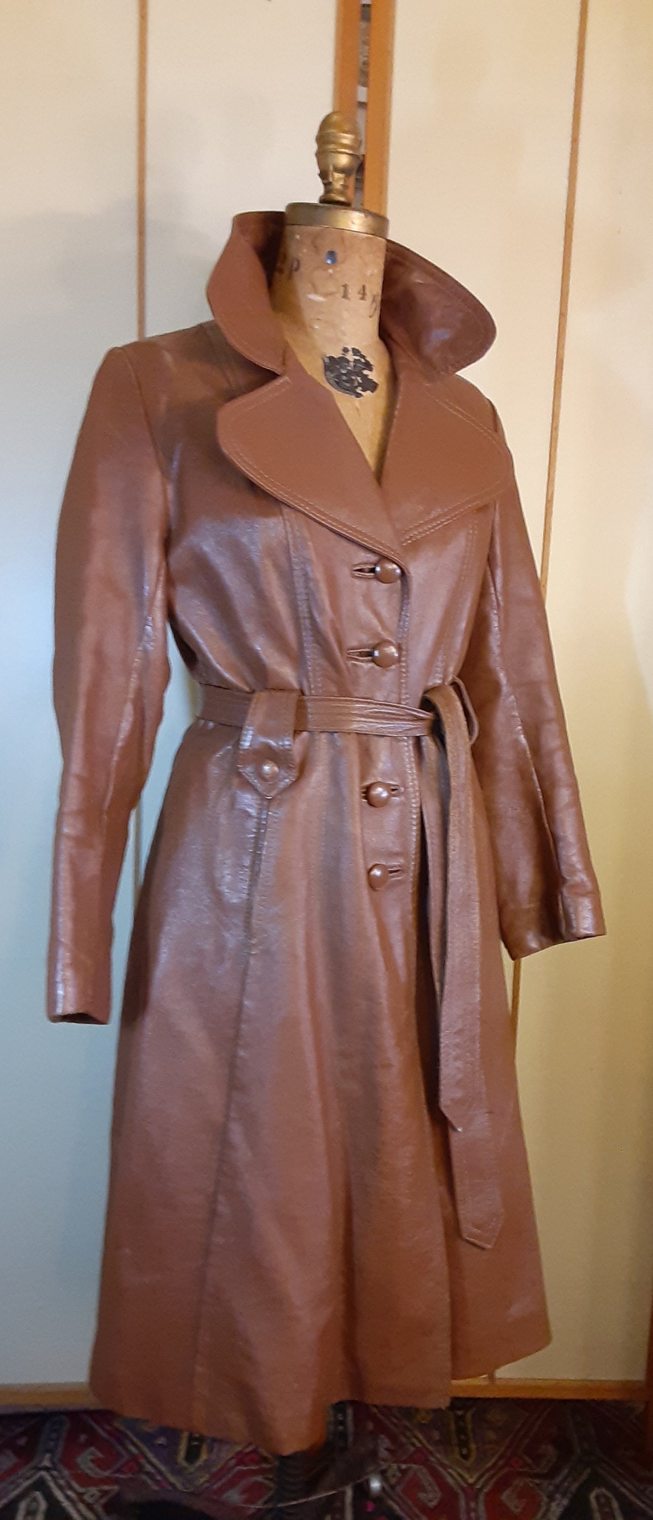 Women's Vintage Leather Coat 70s Spy Trench Caramel Tan | Etsy