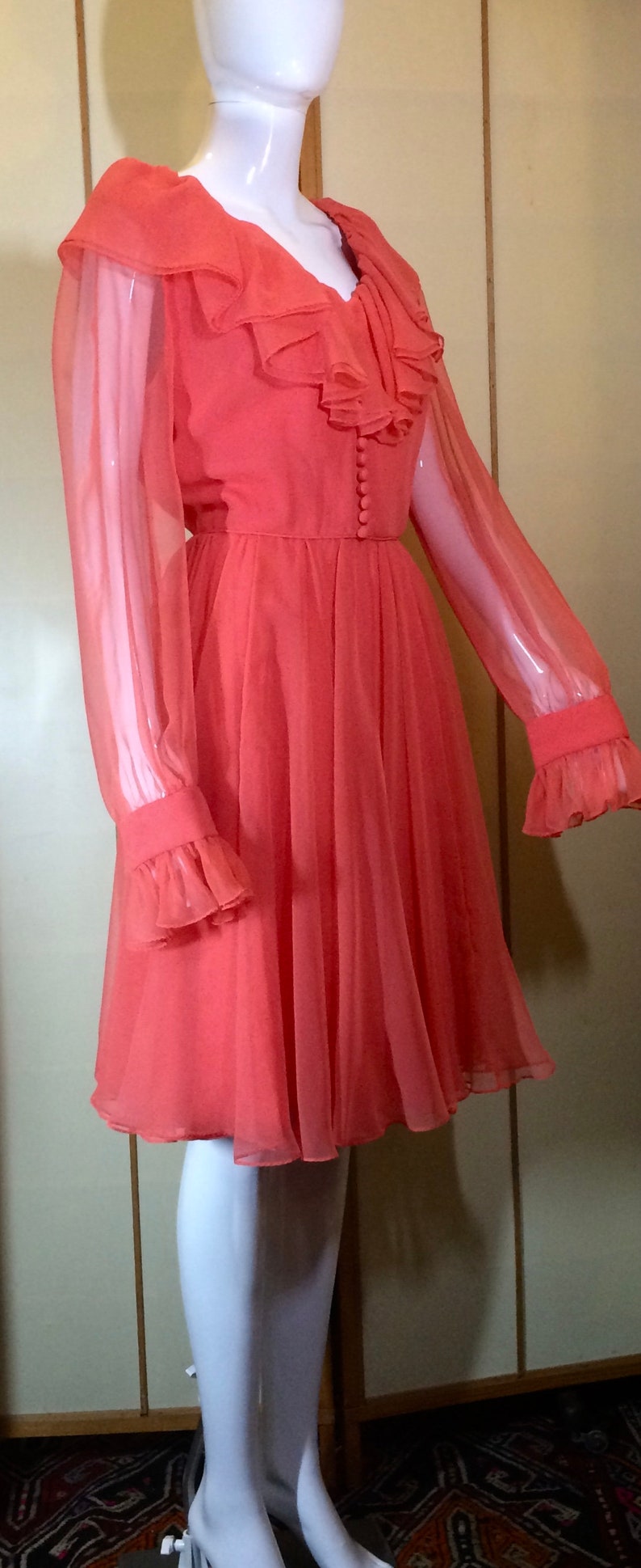 70s Coral Ruffle Fit and Flare Dress Secretary Disco M/L Pink - Etsy