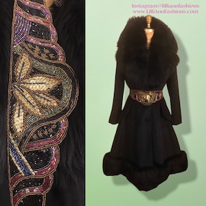 60’s Black Coat Vintage Lilli Ann Fit and Flare Shearling Pinup Princess Beaded Belt