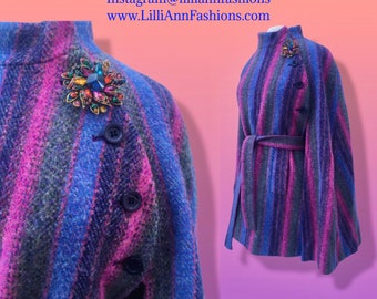 60’s 70’s Purple Blue Pink Magenta Cape Poncho 100% Wool Made in Ireland