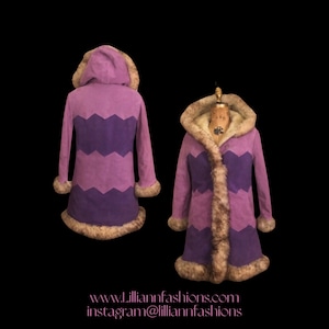 70s Vintage Coat l “Groovy Purple Zigzag” Patchwork Shearling Suede Hooded Rare Color Made in Canada Afghan Penny Lane Hippy Princess Boho