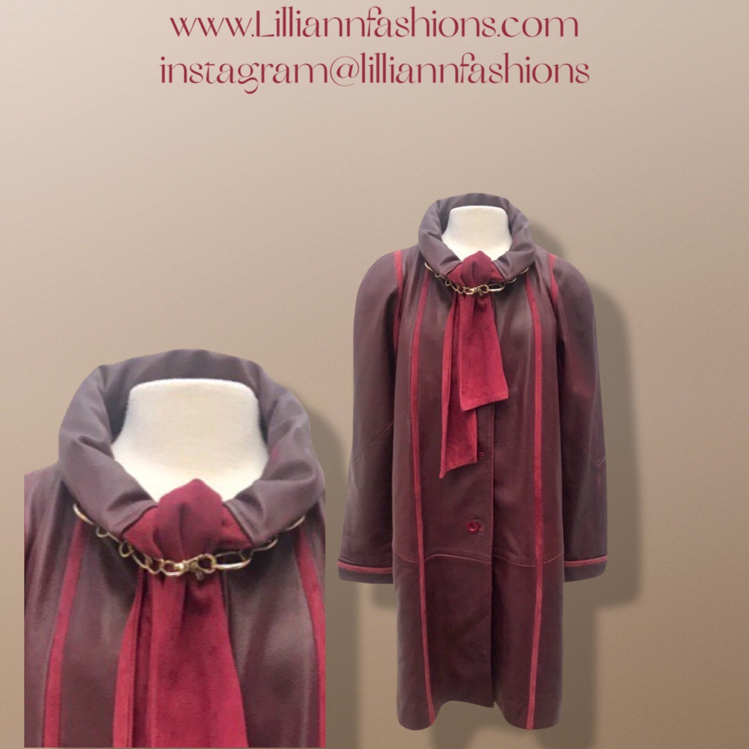 Bergundy Wine Softest Lamb Leather Coat With Deep Red Suede Inlay Loose ...