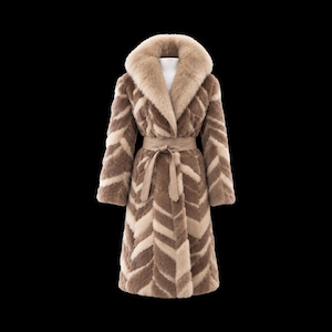 May include: A knee-length coat featuring a thick, plush collar and a chevron pattern in alternating shades of light beige and medium brown. The garment includes long sleeves and a matching tie belt at the waist, creating a structured silhouette.