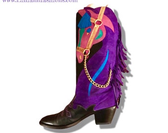 Vintage Cowgirl "Horseshoe" Boots in Purple Magenta Pink Fringe Suede and Leather Novelty Made in Spain size 7.5/8