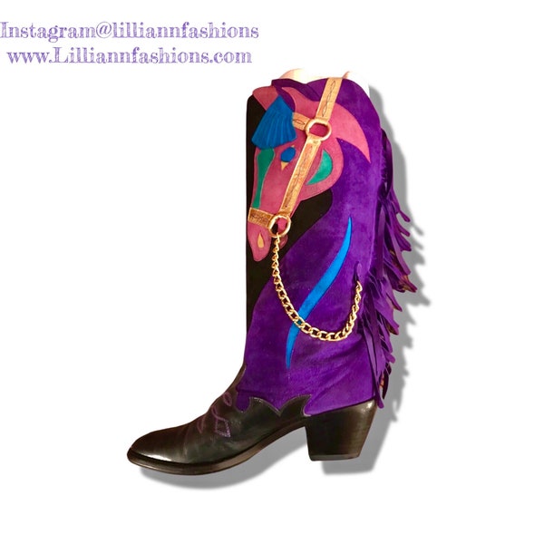 Vintage Cowgirl "Horseshoe" Boots in Purple Magenta Pink Fringe Suede and Leather Novelty Made in Spain size 7.5/8