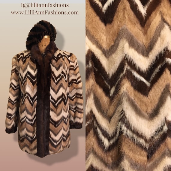 Vintage Mink Coat Mosaic patchwork Intarsia Zigzag Chevron mocha Coffee Swirl Tuxedo Style Etsy
