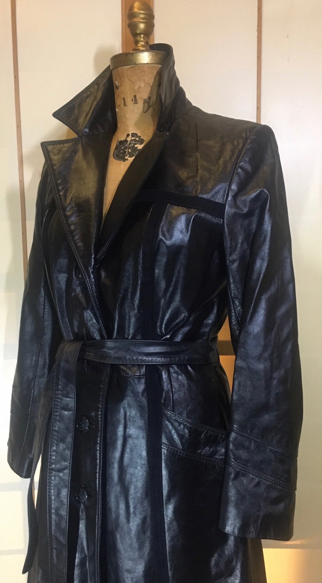 Vintage Coat 70S Black Leather and Suede Trench Spy Boho Fit | Etsy