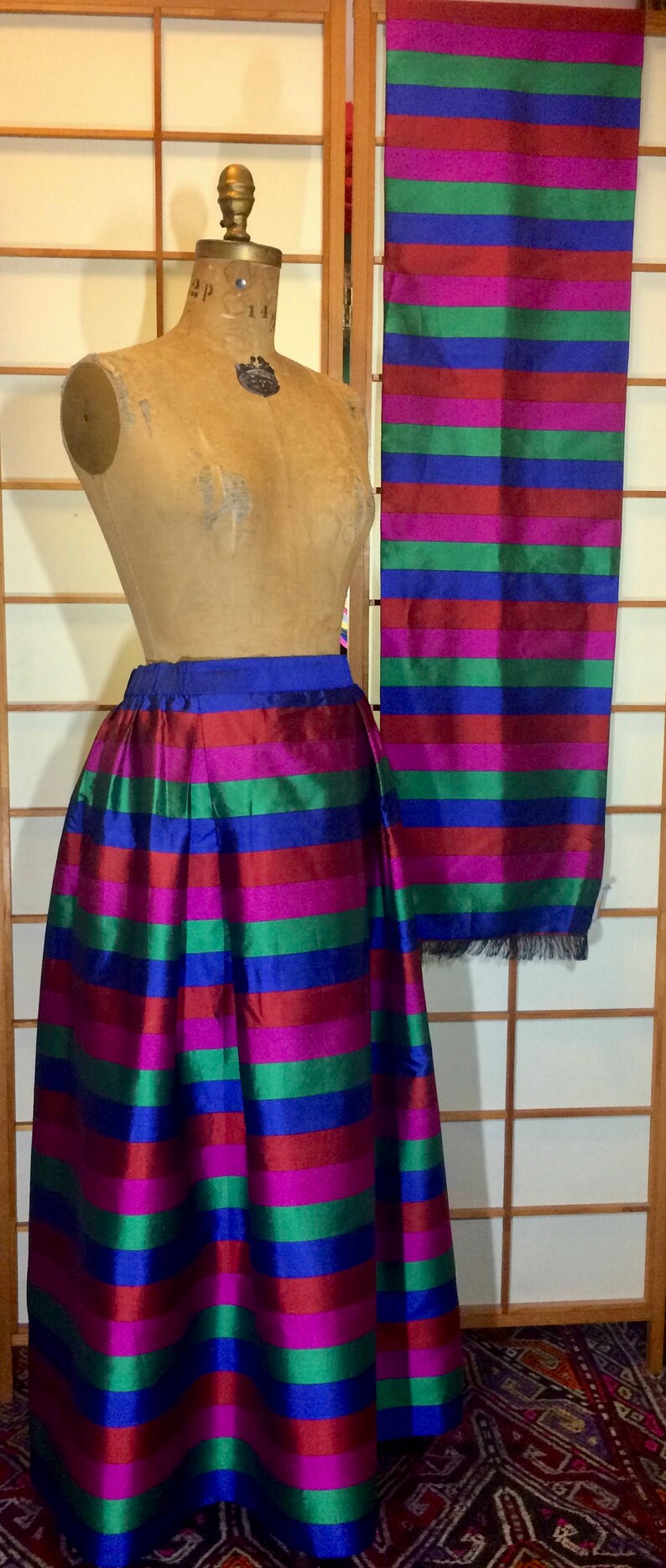 Rainbow Thai Silk Skirt Scarf Set Top Striped Pleats DEADSTOCK | Etsy
