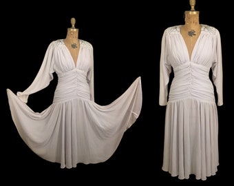 80’s does 20’s Art Deco Chiffon Beaded Dress in Pearl Gray Fitted Waist full skirt