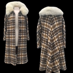 60’s Vintage Coat Wool Fox Fur Green Yellow Beige Swing Plaid