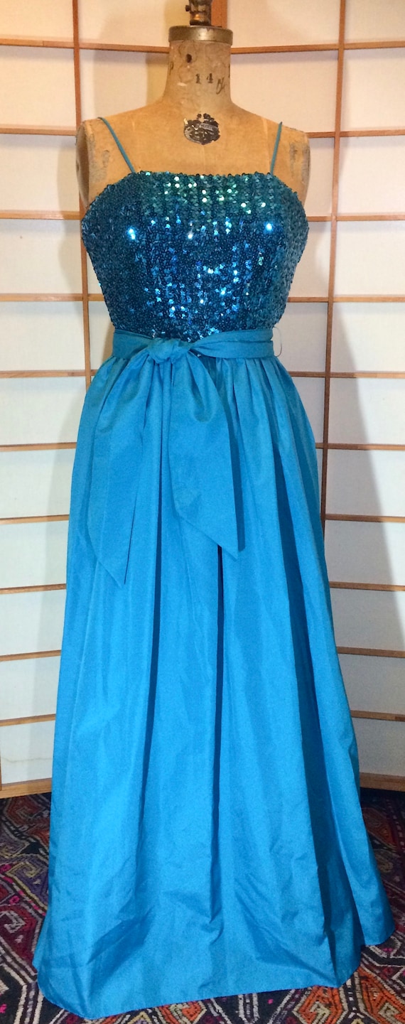 1980s Sequin Turquoise Blue Dress Mermaid Gown Pro