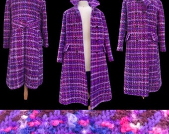 vintage Manteau épais en laine bouclée violet vif et rose